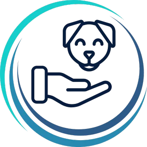 simplified graphic of a hand cradling a dog's head