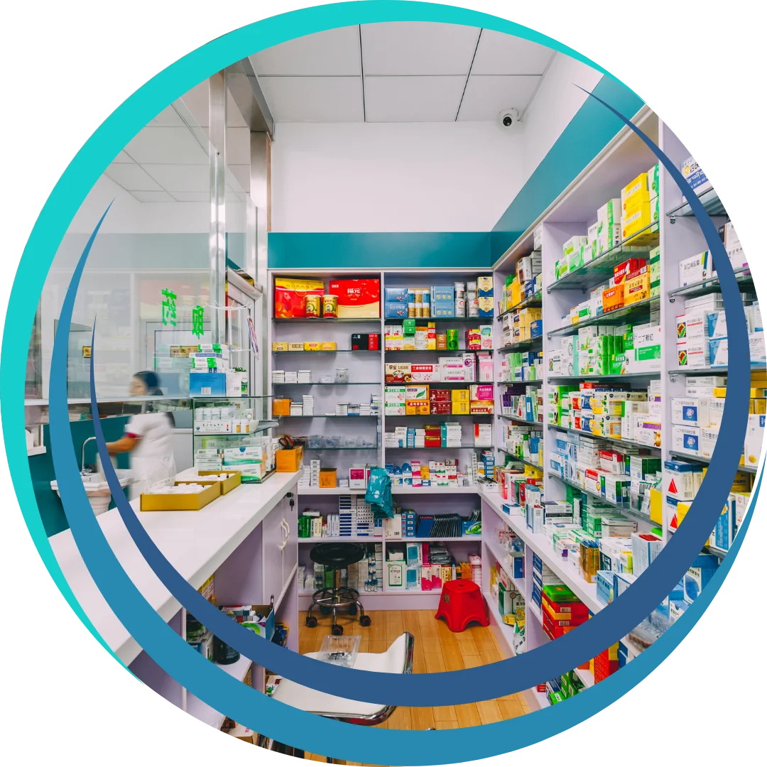 A well-stocked veterinary pharmacy with shelves filled with various pet medications and supplies.